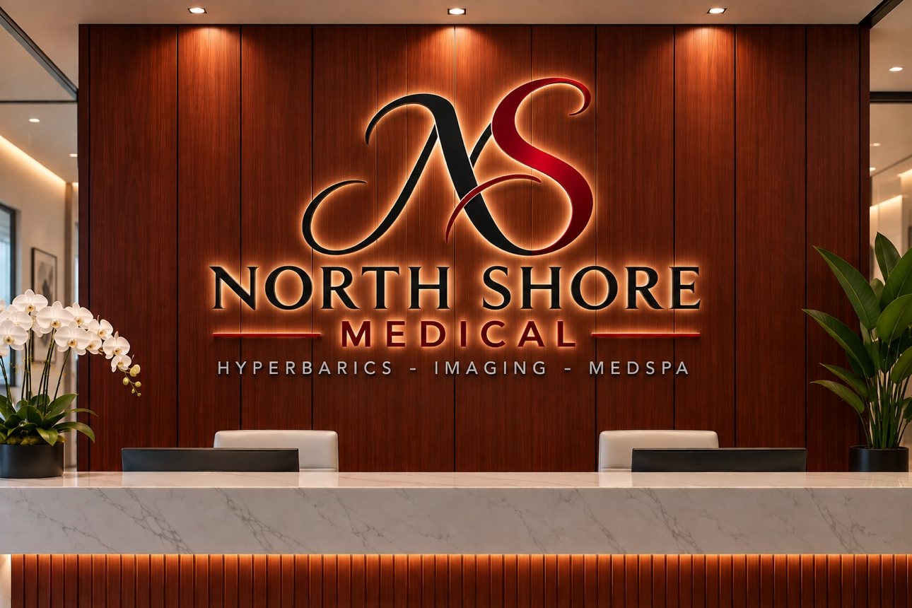 Inside North Shore Medical: the illuminated NS monogram and North Shore Medical sign above the front desk